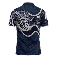 Aloha Hawaii Kalo Pikake Lei Zipper Polo Shirt Chest Tattoo Oxford Blue Hawaiian Pattern