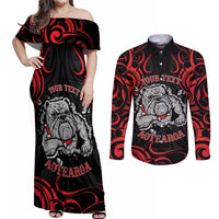 Personalised Aotearoa Bulldog Couples Matching Off Shoulder Maxi Dress and Long Sleeve Button Shirt NZ Maori Tattoo