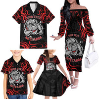 Personalised Aotearoa Bulldog Family Matching Off The Shoulder Long Sleeve Dress and Hawaiian Shirt NZ Maori Tattoo
