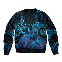 Blue Aloha Hawaii Bomber Jacket Snorkeling With Sea Turtle Polynesian Pattern