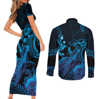 Blue Aloha Hawaii Couples Matching Short Sleeve Bodycon Dress and Long Sleeve Button Shirt Snorkeling With Sea Turtle Polynesian Pattern