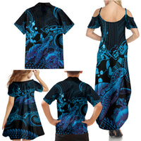 Blue Aloha Hawaii Family Matching Summer Maxi Dress and Hawaiian Shirt Snorkeling With Sea Turtle Polynesian Pattern
