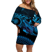 Blue Aloha Hawaii Off Shoulder Short Dress Snorkeling With Sea Turtle Polynesian Pattern LT14 Women Blue - Polynesian Pride