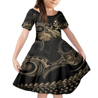 Gold Aloha Hawaii Family Matching Off Shoulder Short Dress and Hawaiian Shirt Snorkeling With Sea Turtle Polynesian Pattern