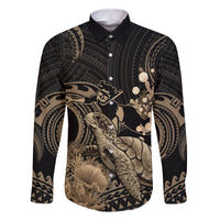 Gold Aloha Hawaii Family Matching Off Shoulder Short Dress and Hawaiian Shirt Snorkeling With Sea Turtle Polynesian Pattern