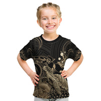 Gold Aloha Hawaii Kid T Shirt Snorkeling With Sea Turtle Polynesian Pattern