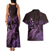 Purple Aloha Hawaii Couples Matching Tank Maxi Dress and Hawaiian Shirt Snorkeling With Sea Turtle Polynesian Pattern