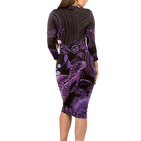 Purple Aloha Hawaii Long Sleeve Bodycon Dress Snorkeling With Sea Turtle Polynesian Pattern
