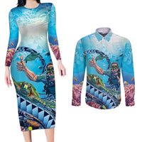 Hawaii Snorkeling Honu Turtle Couples Matching Long Sleeve Bodycon Dress and Long Sleeve Button Shirt Under The Ocean Vibes LT14 Blue - Polynesian Pride