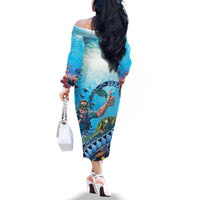 Hawaii Snorkeling Honu Turtle Family Matching Off The Shoulder Long Sleeve Dress and Hawaiian Shirt Under The Ocean Vibes
