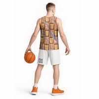 Aloha Hawaii Tiki Palaka Motifs Basketball Jersey Honohono Lei Orange Elegant Vibes