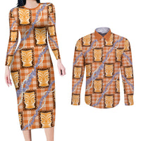Aloha Hawaii Tiki Palaka Motifs Couples Matching Long Sleeve Bodycon Dress and Long Sleeve Button Shirt Honohono Lei Orange Elegant Vibes LT14 Orange - Polynesian Pride