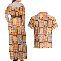 Aloha Hawaii Tiki Palaka Motifs Couples Matching Off Shoulder Maxi Dress and Hawaiian Shirt Honohono Lei Orange Elegant Vibes LT14 - Polynesian Pride