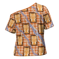 Aloha Hawaii Tiki Palaka Motifs Cross Shoulder Shirt Honohono Lei Orange Elegant Vibes LT14 - Polynesian Pride