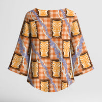 Aloha Hawaii Tiki Palaka Motifs Kimono Sleeve Blouse Honohono Lei Orange Elegant Vibes LT14 - Polynesian Pride