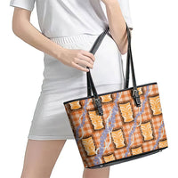 Aloha Hawaii Tiki Palaka Motifs Leather Tote Bag Honohono Lei Orange Elegant Vibes LT14 - Polynesian Pride