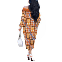 Aloha Hawaii Tiki Palaka Motifs Off The Shoulder Long Sleeve Dress Honohono Lei Orange Elegant Vibes