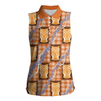 Aloha Hawaii Tiki Palaka Motifs Women Sleeveless Polo Shirt Honohono Lei Orange Elegant Vibes LT14 Female Orange - Polynesian Pride