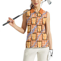 Aloha Hawaii Tiki Palaka Motifs Women Sleeveless Polo Shirt Honohono Lei Orange Elegant Vibes LT14 - Polynesian Pride