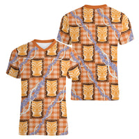 Aloha Hawaii Tiki Palaka Motifs Women V-Neck T-Shirt Honohono Lei Orange Elegant Vibes LT14 - Polynesian Pride