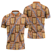 Aloha Hawaii Tiki Palaka Motifs Zipper Polo Shirt Honohono Lei Orange Elegant Vibes