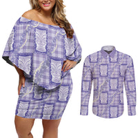 Aloha Hawaii Tiki Palaka Motifs Couples Matching Off Shoulder Short Dress and Long Sleeve Button Shirt Honohono Lei Purple Elegant Vibes LT14 Purple - Polynesian Pride