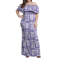 Aloha Hawaii Tiki Palaka Motifs Off Shoulder Maxi Dress Honohono Lei Purple Elegant Vibes