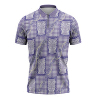 Aloha Hawaii Tiki Palaka Motifs Zipper Polo Shirt Honohono Lei Purple Elegant Vibes
