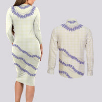 Hawaii Honohono Palaka Motifs Couples Matching Long Sleeve Bodycon Dress and Long Sleeve Button Shirt Hawaiian Orchid Lei