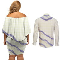 Hawaii Honohono Palaka Motifs Couples Matching Off Shoulder Short Dress and Long Sleeve Button Shirt Hawaiian Orchid Lei