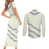 Hawaii Honohono Palaka Motifs Couples Matching Short Sleeve Bodycon Dress and Long Sleeve Button Shirt Hawaiian Orchid Lei