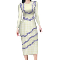 Hawaii Honohono Palaka Motifs Family Matching Long Sleeve Bodycon Dress and Hawaiian Shirt Hawaiian Orchid Lei LT14 Mom's Dress Cream - Polynesian Pride