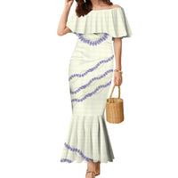 Hawaii Honohono Palaka Motifs Family Matching Mermaid Dress and Hawaiian Shirt Hawaiian Orchid Lei LT14 Mom's Dress Cream - Polynesian Pride