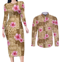 Beige Hawaii Hibiscus With Tropical Flowers Motifs Couples Matching Long Sleeve Bodycon Dress and Long Sleeve Button Shirt - Polynesian Pride