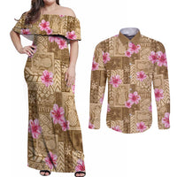 Beige Hawaii Hibiscus With Tropical Flowers Motifs Couples Matching Off Shoulder Maxi Dress and Long Sleeve Button Shirt - Polynesian Pride