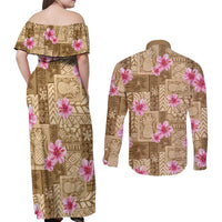 Beige Hawaii Hibiscus With Tropical Flowers Motifs Couples Matching Off Shoulder Maxi Dress and Long Sleeve Button Shirt - Polynesian Pride