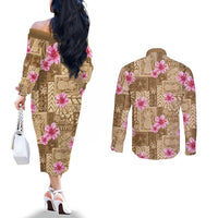 Beige Hawaii Hibiscus With Tropical Flowers Motifs Couples Matching Off The Shoulder Long Sleeve Dress and Long Sleeve Button Shirt - Polynesian Pride
