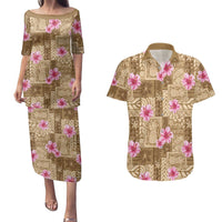 Beige Hawaii Hibiscus With Tropical Flowers Motifs Couples Matching Puletasi and Hawaiian Shirt LT14 Beige - Polynesian Pride