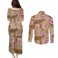 Beige Hawaii Hibiscus With Tropical Flowers Motifs Couples Matching Puletasi and Long Sleeve Button Shirt LT14 - Polynesian Pride