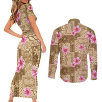 Beige Hawaii Hibiscus With Tropical Flowers Motifs Couples Matching Short Sleeve Bodycon Dress and Long Sleeve Button Shirt - Polynesian Pride