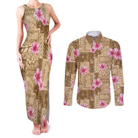 Beige Hawaii Hibiscus With Tropical Flowers Motifs Couples Matching Tank Maxi Dress and Long Sleeve Button Shirt - Polynesian Pride
