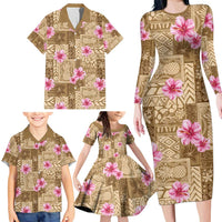 Beige Hawaii Hibiscus With Tropical Flowers Motifs Family Matching Long Sleeve Bodycon Dress and Hawaiian Shirt - Polynesian Pride