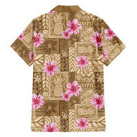 Beige Hawaii Hibiscus With Tropical Flowers Motifs Family Matching Off The Shoulder Long Sleeve Dress and Hawaiian Shirt - Polynesian Pride