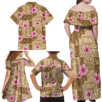 Beige Hawaii Hibiscus With Tropical Flowers Motifs Family Matching Off Shoulder Maxi Dress and Hawaiian Shirt - Polynesian Pride