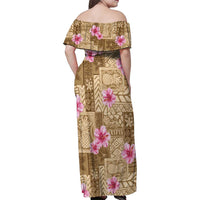 Beige Hawaii Hibiscus With Tropical Flowers Motifs Family Matching Off Shoulder Maxi Dress and Hawaiian Shirt - Polynesian Pride