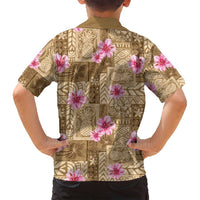 Beige Hawaii Hibiscus With Tropical Flowers Motifs Family Matching Off Shoulder Short Dress and Hawaiian Shirt - Polynesian Pride