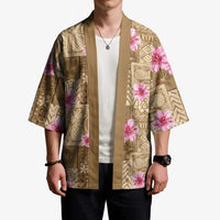 Beige Hawaii Hibiscus With Tropical Flowers Motifs Kimono - Polynesian Pride