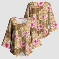Beige Hawaii Hibiscus With Tropical Flowers Motifs Kimono Sleeve Blouse - Polynesian Pride