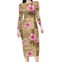 Beige Hawaii Hibiscus With Tropical Flowers Motifs Long Sleeve Bodycon Dress LT14 Long Dress Beige - Polynesian Pride