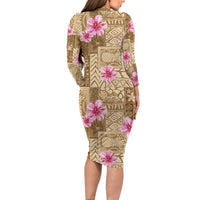Beige Hawaii Hibiscus With Tropical Flowers Motifs Long Sleeve Bodycon Dress LT14 - Polynesian Pride